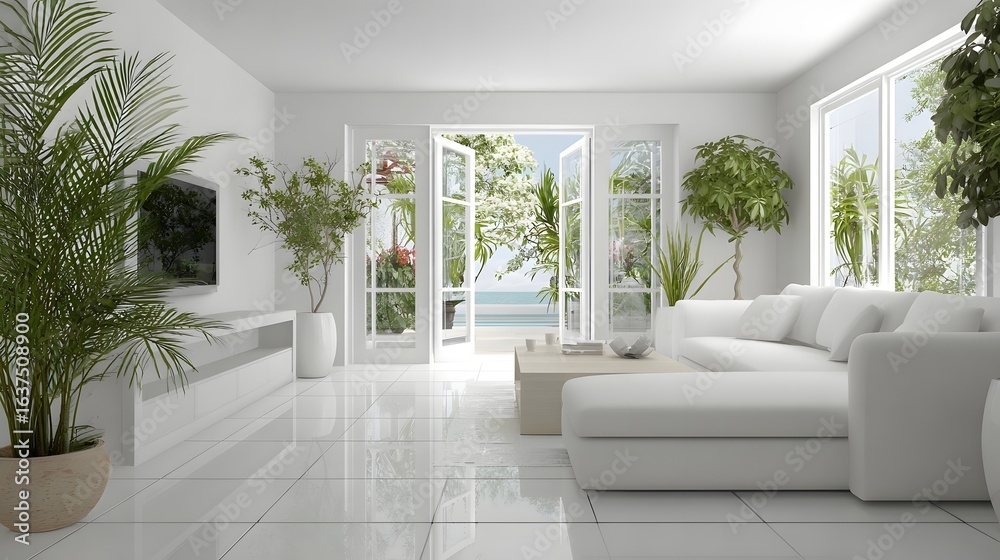 Fototapeta premium Modern white living room with patio view.