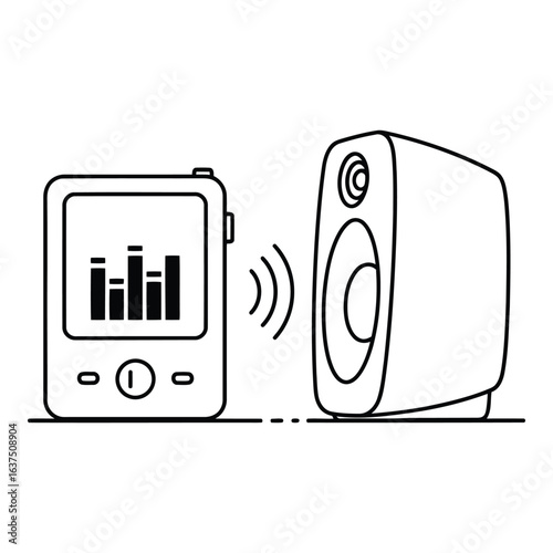Art of minimalist line art of an mp3 player connected to a speaker via wireless technology isolated on white background, showcasing modern audio setup