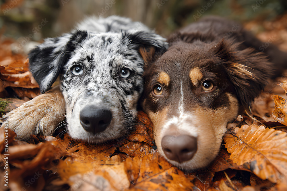 Fototapeta premium Two dogs lying in leaves