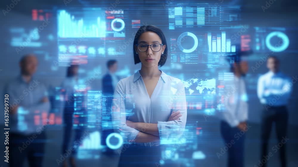 Empowering Businesswoman Showcases Digital Data Visualization and Analytics, Highlighting Teamwork in Modern Office Environment Empowering Businesswoman Showcases Digital Data Visualization and Analytics, Highlighting Teamwork in Modern Office Environment