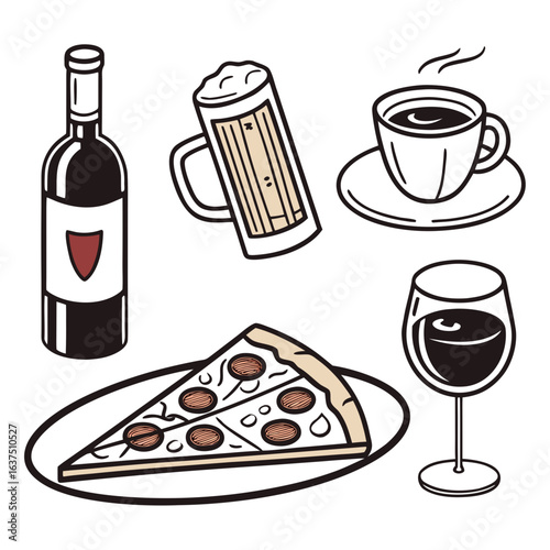 A selection of food and drinks including wine, beer, coffee, and pizza isolated on white background