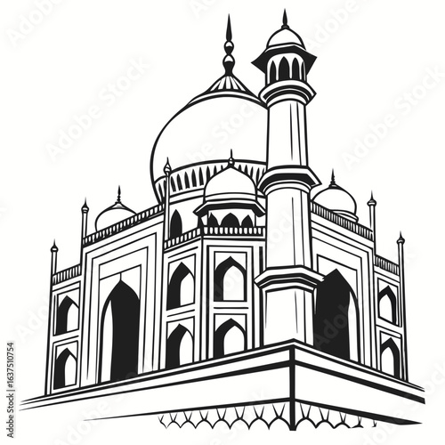 Detailed line drawing of the taj mahal, a famous indian landmark, showcasing its iconic architecture isolated on white background