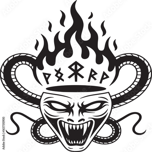 A stylized illustration of a demonic face surrounded by a snake and flames with runes above it