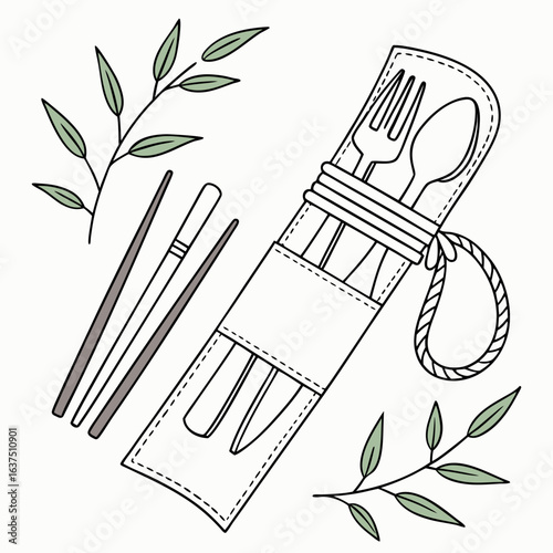 Reusable cutlery set with chopsticks in a wrap, surrounded by leaves isolated on white background, promoting sustainable and ecofriendly practices