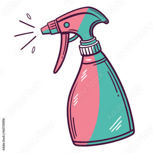 Illustration of a pink and aqua spray bottle spraying isolated on white background