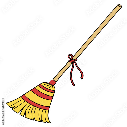 Traditional straw broom with red tie isolated on white background, evoking a sense of rustic charm and oldfashioned simplicity