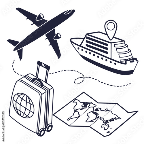 Travel icons featuring airplane, cruise ship, suitcase, and map isolated on white background, great for tourism and vacation designs