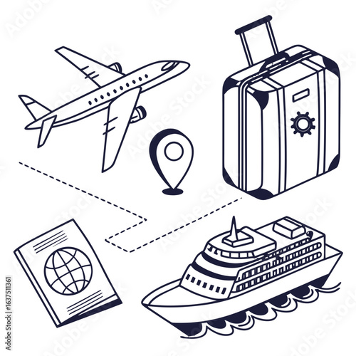 Travel illustration with airplane, suitcase, passport, ship, and location pin isolated on white background