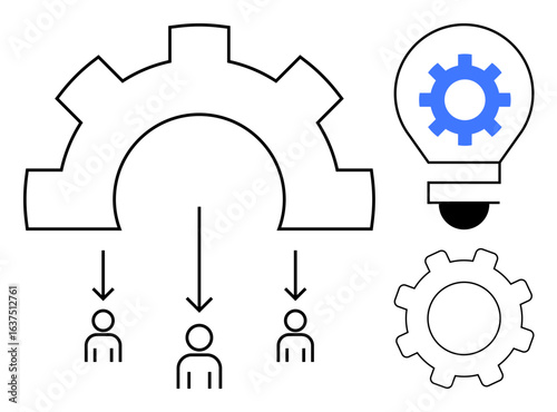 Gear distributing tasks to people under arrows, a light bulb with a gear symbol, and a separate gear. Ideal for teamwork, process management, automation, innovation, brainstorming, productivity