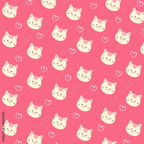 Charming cat pattern showcases cute kawaii kittens with heart on a pink background. vector illustration.