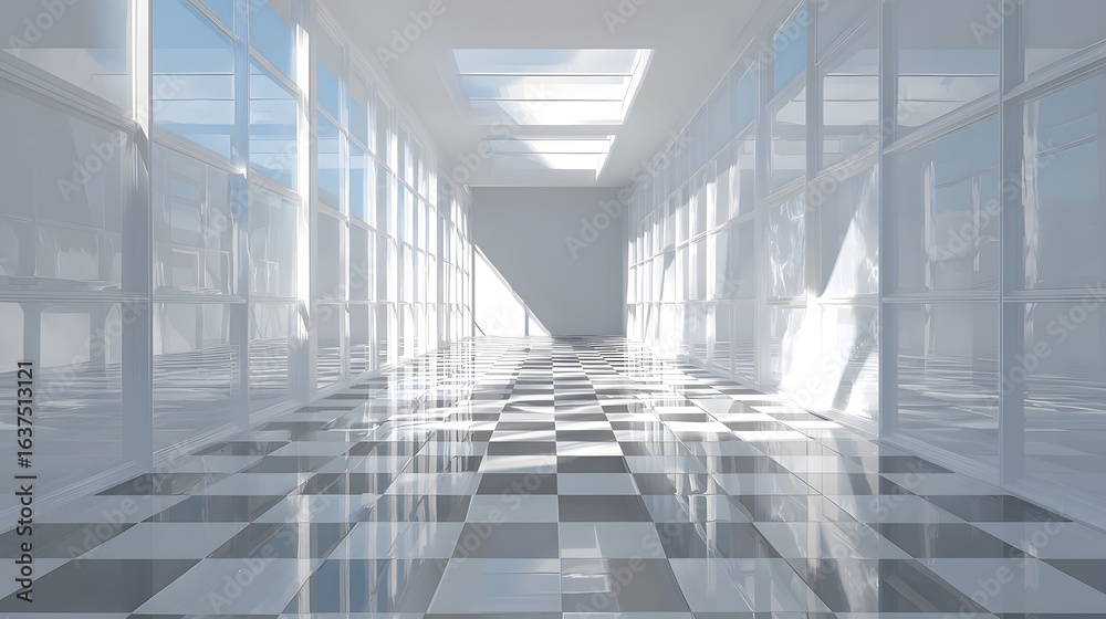 Fototapeta premium Empty, bright corridor with large windows.
