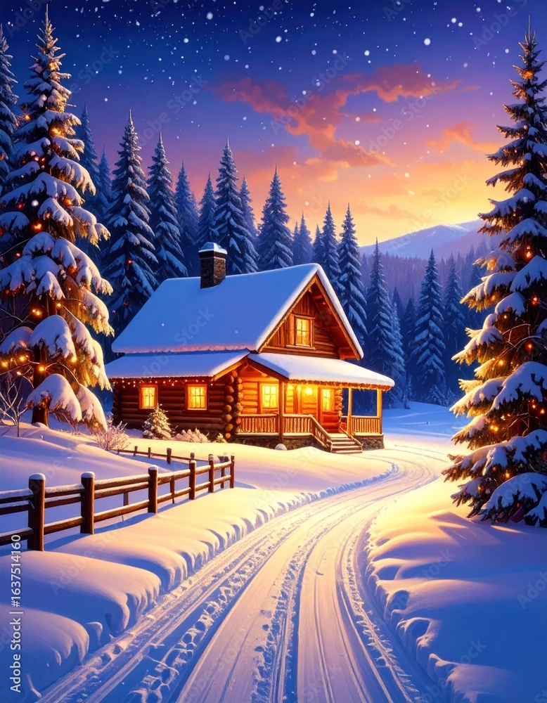 Fototapeta premium Winter cabin nestled in snowy woods