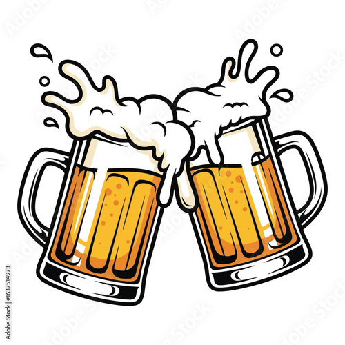 Art of two beer mugs isolated on white background clinking in a celebratory toast, symbolizing friendship, good times, and the enjoyment of a refreshing beverage
