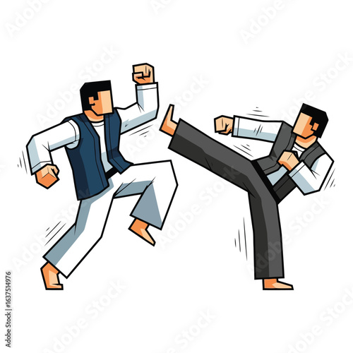 Art of two men in a martial arts fight isolated on white background, showcasing action, combat, and skill in a dynamic and energetic display of athleticism