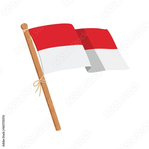 A simple illustration of the Indonesian flag waving on a wooden pole against a white background.