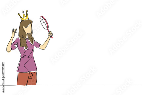 A single line drawing of a woman with a crown holding a mirror, reflecting vanity and red flags. Ideal for World Narcissistic Abuse Awareness Day in a psychology and awareness concept theme