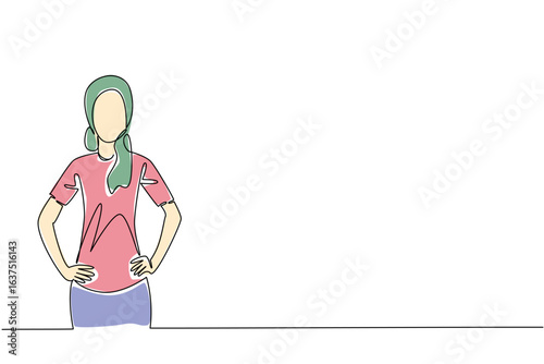 A headscarfed woman stands confidently with hands on hips, symbolizing strength, recovery, and pride after cancer. A single line drawing for National Cancer Survivor Day in a health concept.