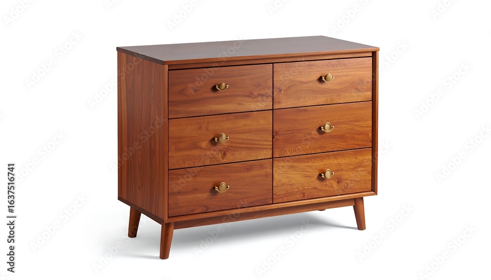 Mid-century modern six-drawer dresser in rich wood tone with tapered legs and simple brass hardware Mid-century modern six-drawer dresser in rich wood tone with tapered legs and simple brass hardware