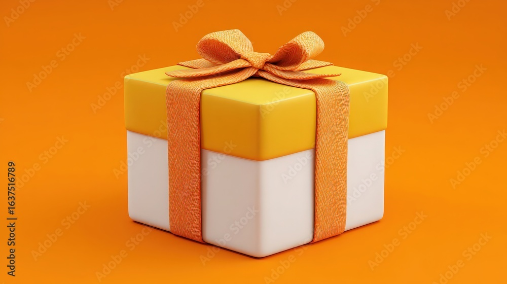 Obraz premium Colorful gift box with orange ribbon against a vibrant orange background.