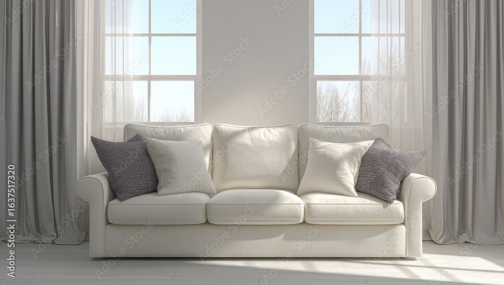 Fototapeta premium Light-filled room with cream couch and gray drapes