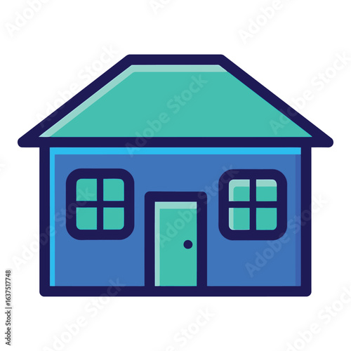 Art of a charming blue house with a green roof and two windows isolated on white background, showcasing simple architecture and design