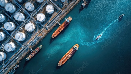 Aerial view of a busy port with large oil tankers and storage tanks