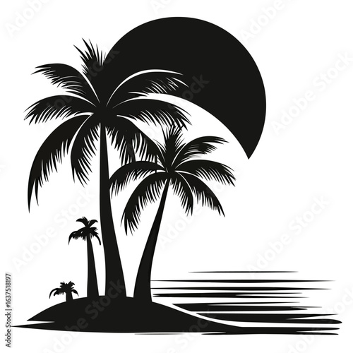 Black silhouette of tropical palm trees on small island with large partial sun over tranquil ocean surface minimalist vector illustration