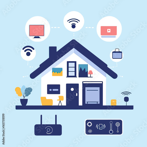 Smart home technology concept with connected devices wireless internet router and digital communication icons in flat minimalist vector style illustration