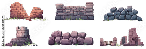 Cartoon ancient stone wall ruins set with broken castle towers rock fences and brick boulder borders in flat minimalist vector style