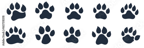 Collection of lion paw print silhouettes in flat minimalist style with various shapes and details isolated on white background for wildlife or animal design