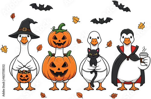 Cute Halloween Geese in Costumes with Pumpkins, Bats and Black Cat - Cartoon Vector
