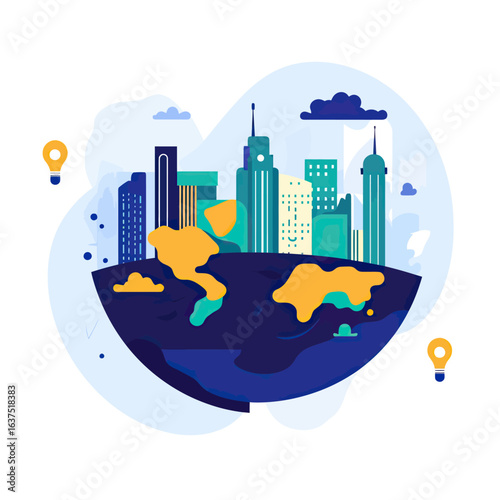 Abstract global cityscape with modern skyscrapers on stylized earth globe and creative light bulb icons business innovation concept vector illustration