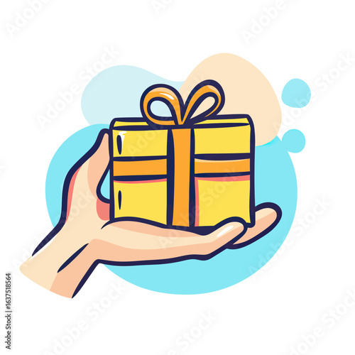 Hand holding gift box with bow present package in colorful doodle style illustration for reward or celebration concept vector