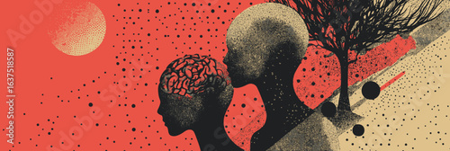 Surreal minimalist vector art of human heads with exposed brain tree silhouette planted in head abstract orange background halftone stipple effect design