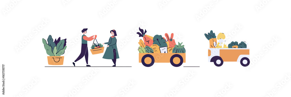 Fototapeta premium Vector illustration of grocery exchange, organic vegetables shopping basket handoff, fresh produce delivery vehicles with vegetables, flat minimalist design