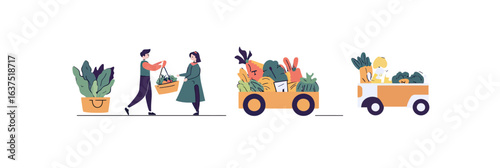 Vector illustration of grocery exchange, organic vegetables shopping basket handoff, fresh produce delivery vehicles with vegetables, flat minimalist design