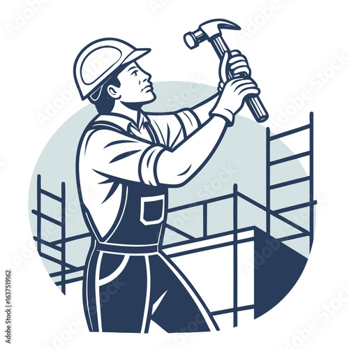 high quality Construction Worker with Hammer and Scaffolding