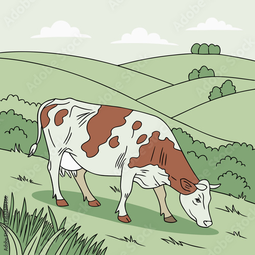 A serene landscape featuring a grazing cow