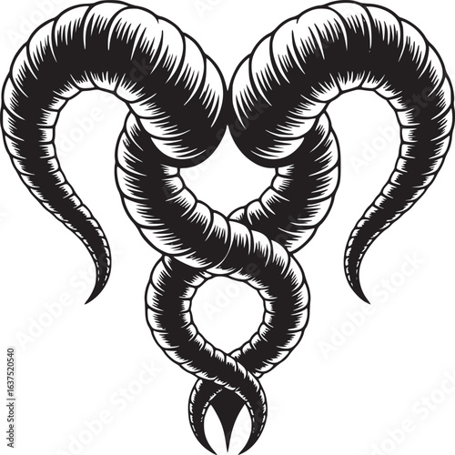 A monochromatic illustration of three intertwined horns forming a heart shape design on white