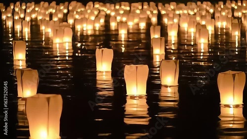 A multitude of glowing paper lanterns drift peacefully on the water at night, illuminating the darkness in a beautiful ceremony
