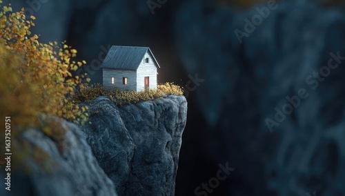 Tiny house on a cliff at night.  Autumnal foliage surrounds the miniature dwelling, lit from within