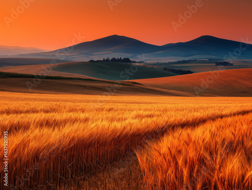 dramatic golden field of ripe wheat beneath fiery sunset sky, layered hills with smooth curves in the distance, tranquil farmland view on white background
