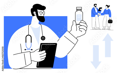 Doctor with stethoscope holding medicine and tablet, business people shaking hands, and upward-downward arrows. Ideal for healthcare, teamwork, research, pharmacy, innovation, collaboration simple