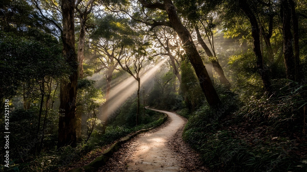 Obraz premium Sunbeams illuminating a winding path through a lush forest.