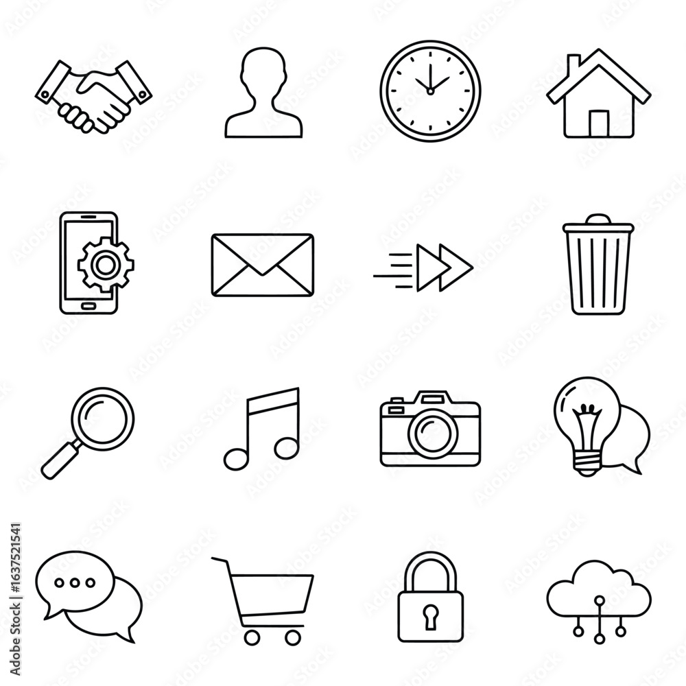 Fototapeta premium Art of set of sixteen business and technology line icons featuring handshake, person, clock, house, phone, email, camera, and cloud isolated on white background