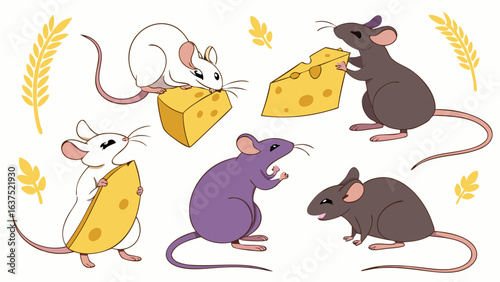 Adorable Cartoon Mice Enjoying Delicious Cheese Pieces.