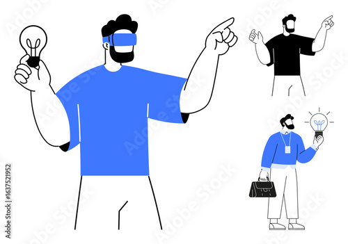 People interacting creatively, one wearing VR glasses holding a light bulb, others brainstorming and gesturing solutions. Ideal for innovation, creativity, technology, collaboration, problem-solving