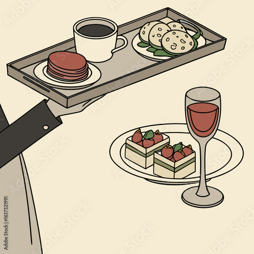 A hand holding a tray with food and drink items
