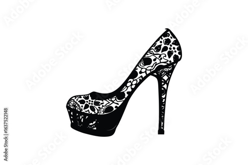 colorful vibrant crisp clean stylish elegant modern detailed professional high quality High Heeled Shoe with Intricate Silhouette Design Black and White Color Scheme Elegant and Sophisticated Style