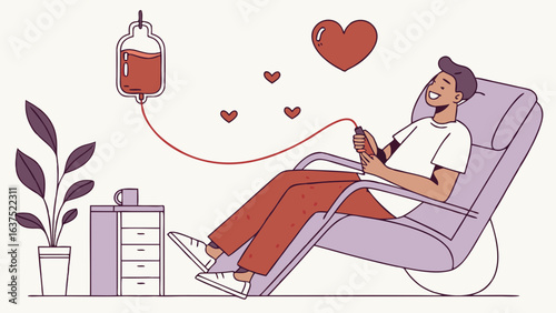 Cartoon man donating blood connected to a blood bag with hearts.